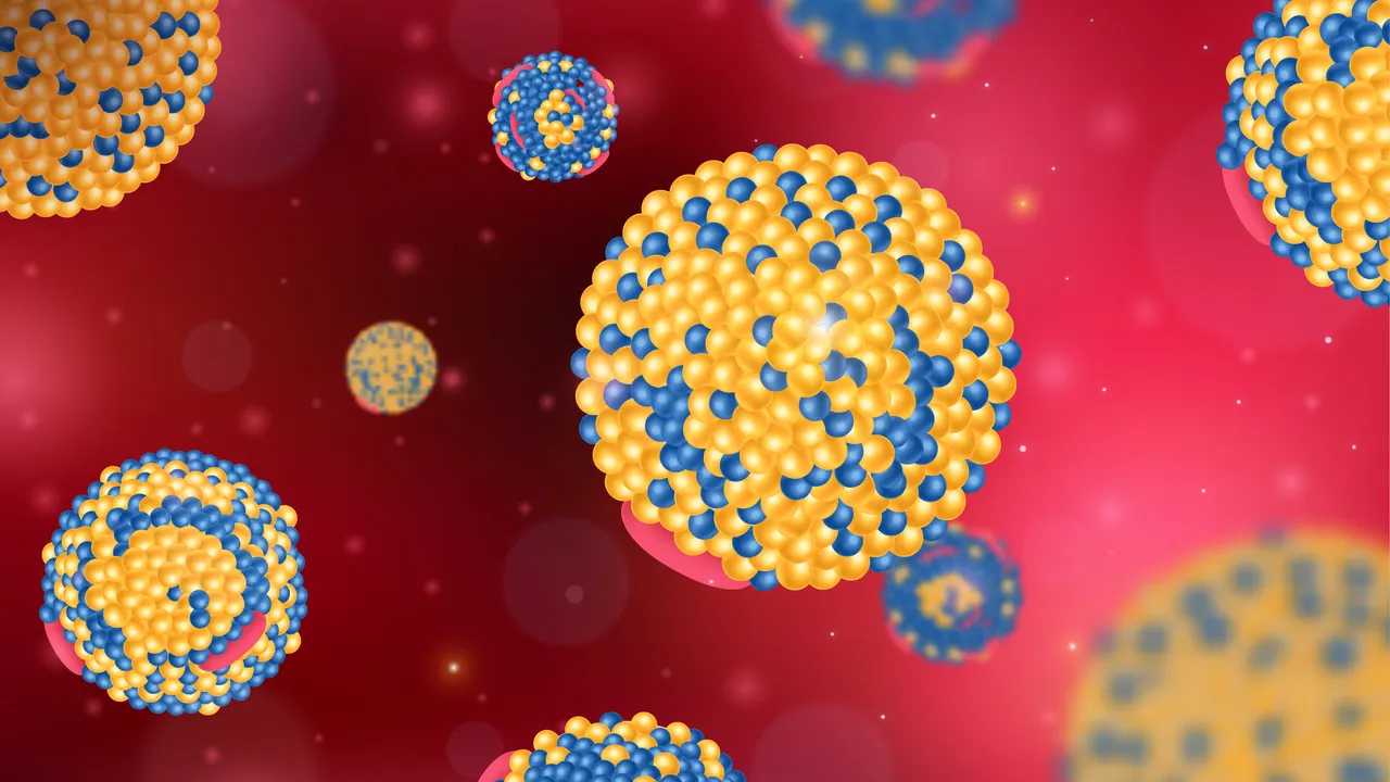 Ilustración de lipoproteínas transportando colesterol en el torrente sanguíneo.